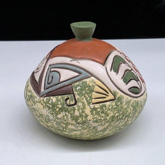 Handmade Ceramic Lidded Jar Abstract Multicolor Patterns & Textures Carved Desig - Picture 8 of 8